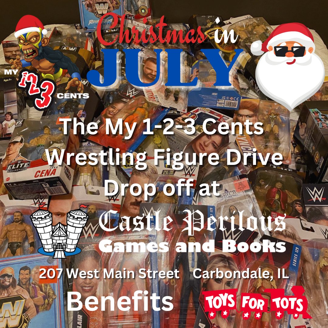 kevinhunsperger's tweet photo. Happy Monday! The @my123cents Wrestling Figure Drive is happening NOW! We're getting an early start. I explain it all on this week's podcast, including a drop-off point at @castleperilous in Carbondale!
https://t.co/Ddv8ZB8hu9
#my123cents #prowrestling #wrestlingfigures https://t.co/FhafMRrNKs