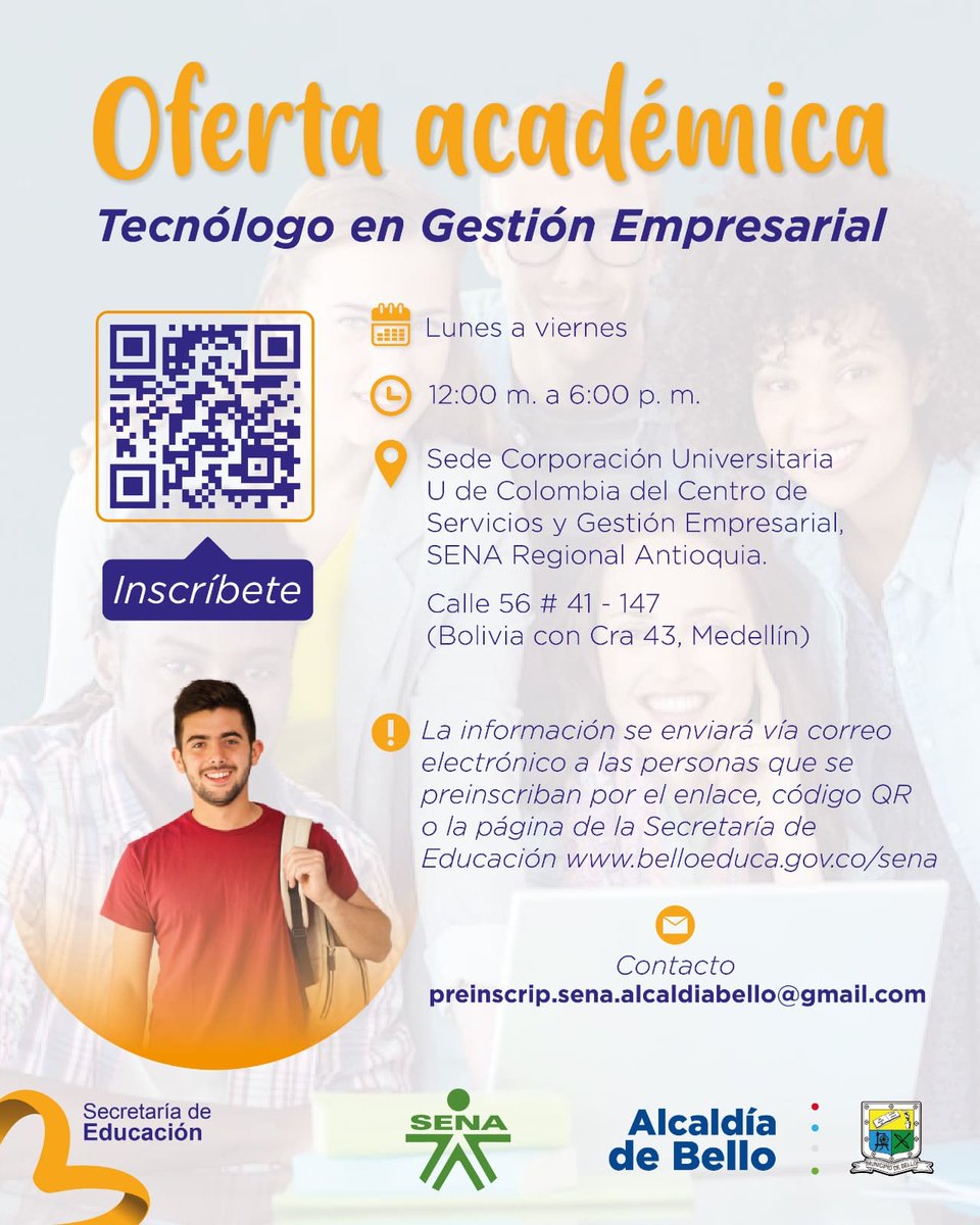 BelloEduca's tweet photo. ⚠️ 🎓 Tecnología en Gestión Empresarial del convenio con el SENA.

📢 Estudia, prepárate y fortalece tus conocimientos.
Inscríbete en la descripción de nuestra biografía👆, escanea el código 🤳 o sigue el link 👇
https://t.co/cGgsctyMZQ

#BelloEduca
#SENA
#PorElBelloQueQueremos https://t.co/zxH5b1x9R7