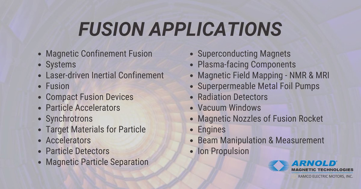 arnoldmagtech's tweet image. We offer materials such as ultra-thin metals, #electromagnets, and #PermanentMagnets for a variety of #FusionReactor projects. Check out this handy infographic for a list of applications and click the link to read more:
bit.ly/46lfh4R