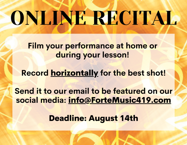 ForteMusic419's tweet photo. In case you missed performing in our Summer Showcase, we have another opportunity to perform in our upcoming Online Recital!

The deadline to submit a video is August 14th, and they will be posted on our Facebook and Instagram pages. We look forward to seeing your performances! https://t.co/cHNMlT9Zhr
