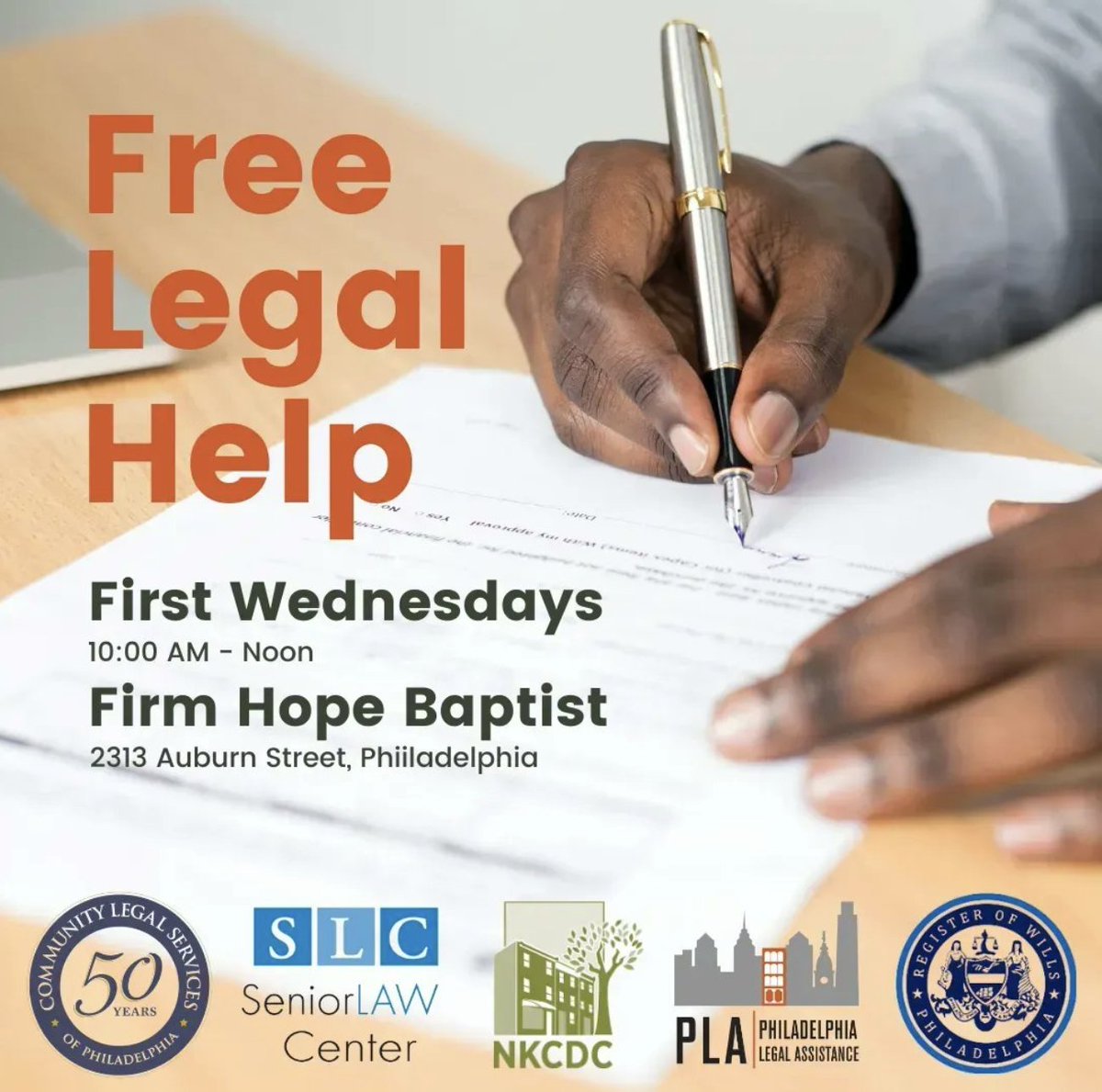 Know someone who needs help with a will or deed? They may qualify for free legal support from <a href="/CLSphila/">Community Legal Services of Philadelphia</a>, <a href="/Phila_Legal/">PLA</a>, <a href="/seniorlawcenter/">SeniorLAW Center</a>, and <a href="/phlrow/">John P. Sabatina - Philadelphia Register of Wills</a>. Join <a href="/NKCDC/">NKCDC</a> at Firm Hope Baptist Church (2313 Auburn St) on 1st Wed of the month, 10 AM–noon. Help is available!