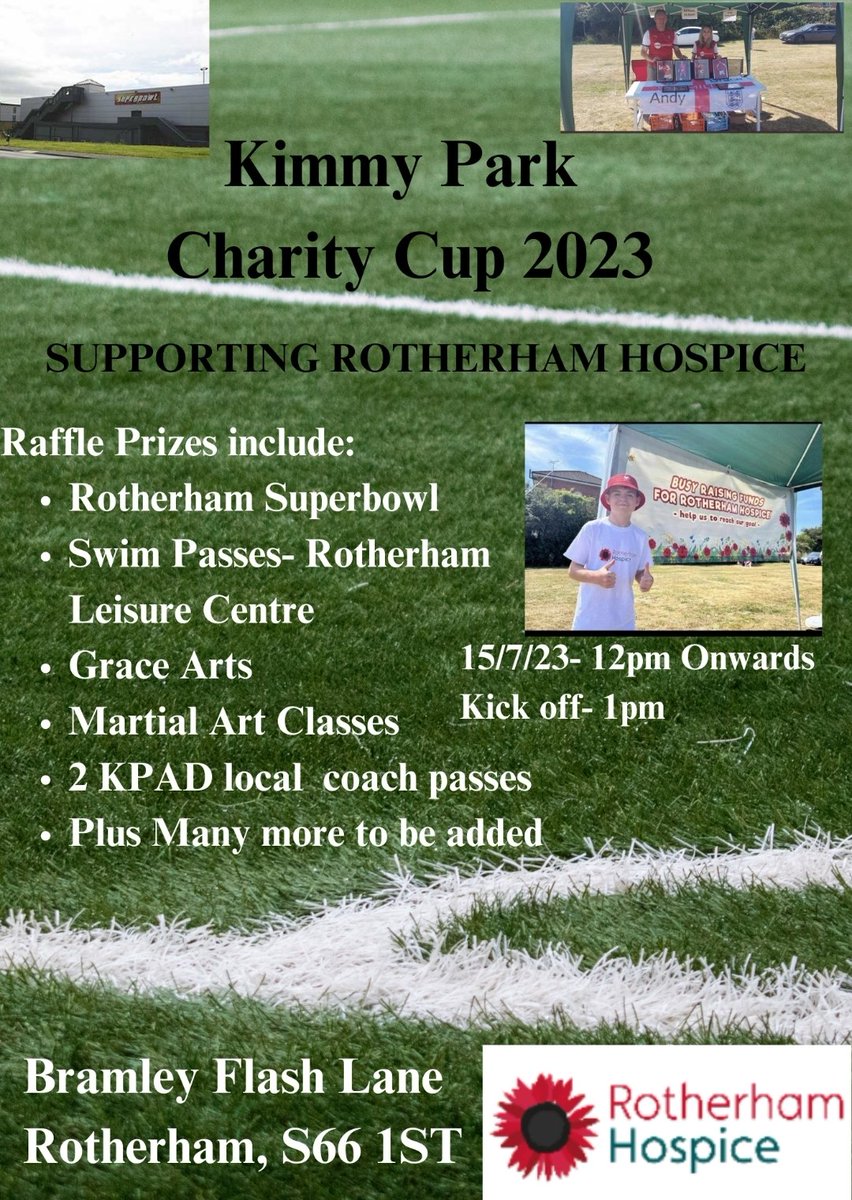 5 days to go until our annual Charity cup for the <a href="/RotherHosp/">Rotherham Hospice</a>
Plenty of things happening on the day: Raffles, cake stalls and we welcome <a href="/artbygrace2007/">Art By Grace Kelly</a> back for a 2nd year running..get yourself down support everyone who worked hard over the last few months to make this happen