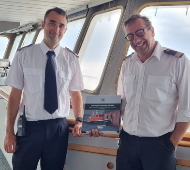 On Saturday, our head of Technical publications, Harry Harris, met with Captain Chauvigne and his chief officer on the Brittanny Ferries 'Barfleur' to present the ship with a copy of our English Channel Passage Planning Guide and discuss our forthcoming update to the title.