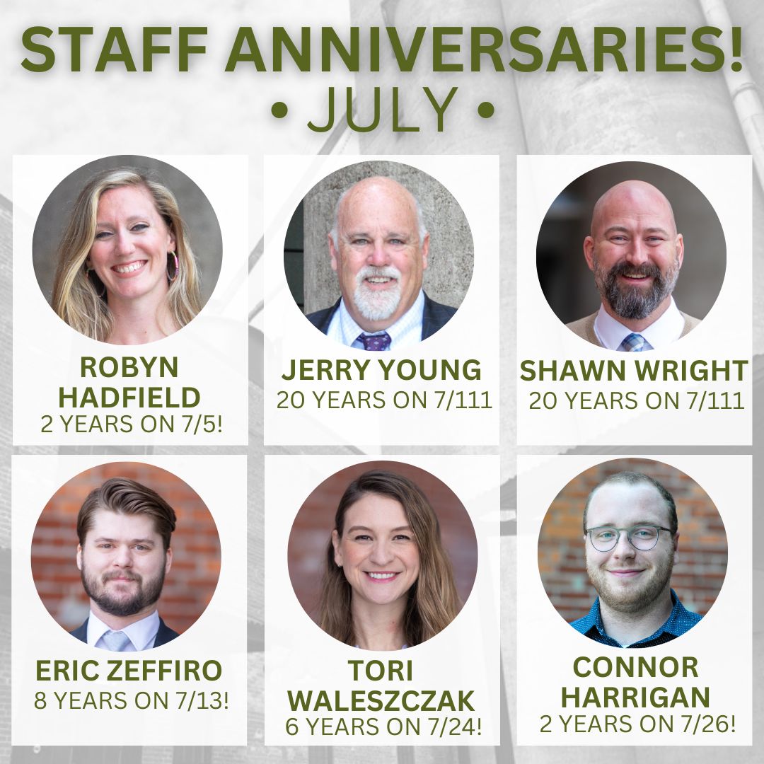 This July we are celebrating work anniversaries for Robyn Hadfield, Jerry Young, Shawn Wright, Eric Zeffiro, Tori Waleszczak, &amp; Connor Harrigan! We appreciate having you on our team!

We are also celebrating Young + Wright Architectural’s 20th Anniversary as a company on 7/11!