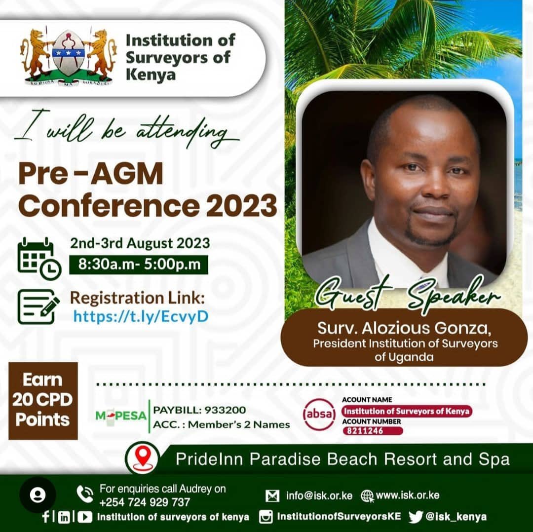 Institution of Surveyors of Uganda (@surveyorsofug) on Twitter photo Our own <a href="/PresidentofISUg/">ISU President Gonza</a> will be attending the PRE-AGM conference of <a href="/isk_kenya/">The Institution of Surveyors of Kenya</a> 2023 happening on 2n-3rd August
You can also be part of the discussion by registering on the link. Our own <a href="/PresidentofISUg/">ISU President Gonza</a> will be attending the PRE-AGM conference of <a href="/isk_kenya/">The Institution of Surveyors of Kenya</a> 2023 happening on 2n-3rd August
You can also be part of the discussion by registering on the link.