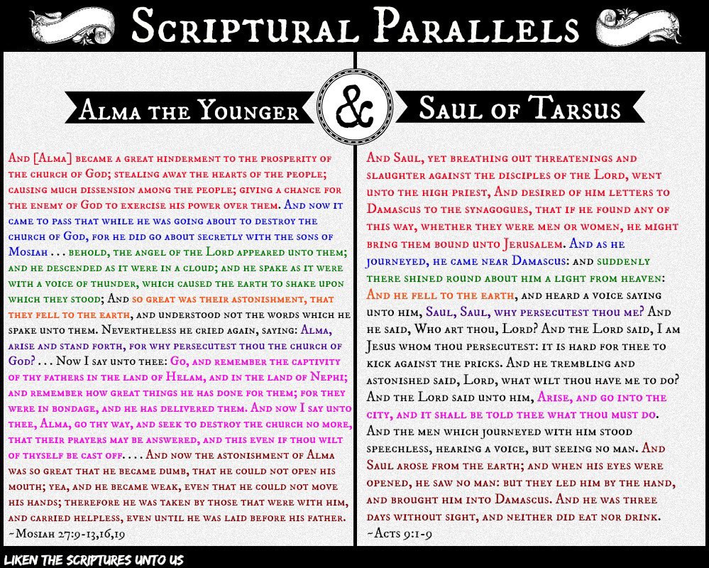 LikenScriptures's tweet photo. I am always amazed at the similarities between the experiences of Alma the Younger and Saul of Tarsus.
#Scripture #Bible #NewTestament #BookOfMormon #ComeFollowMe #ScripturalParallels https://t.co/nOsj41TmGx
