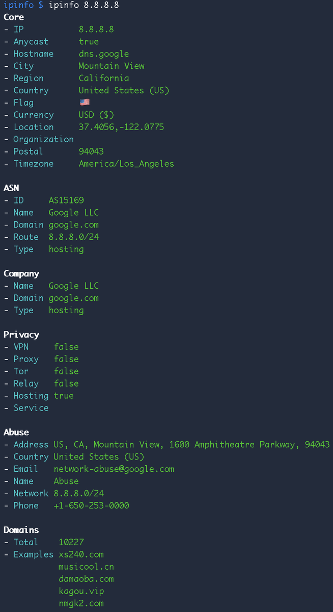 ipinfo's tweet image. Check out the info you can get for a single IP address using IPinfo 😱👇

Install IPinfo CLI here 👉 github.com/ipinfo/cli

#IPdata #IPgeolocation #IPInfo