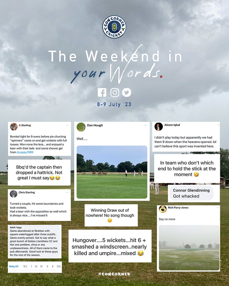 CowCornerPod's tweet photo. 🗨️𝗧𝗵𝗲 𝗪𝗲𝗲𝗸𝗲𝗻𝗱 𝗶𝗻 𝘆𝗼𝘂𝗿 𝒲𝑜𝓇𝒹𝓈

Check out the best of your responses from Instagram, Facebook and Twitter as to how you got on with this last weekends round of cricket!

Some corkers in this selection 😂👇

#WIYW #CowCorner https://t.co/A5sRi4VQhZ