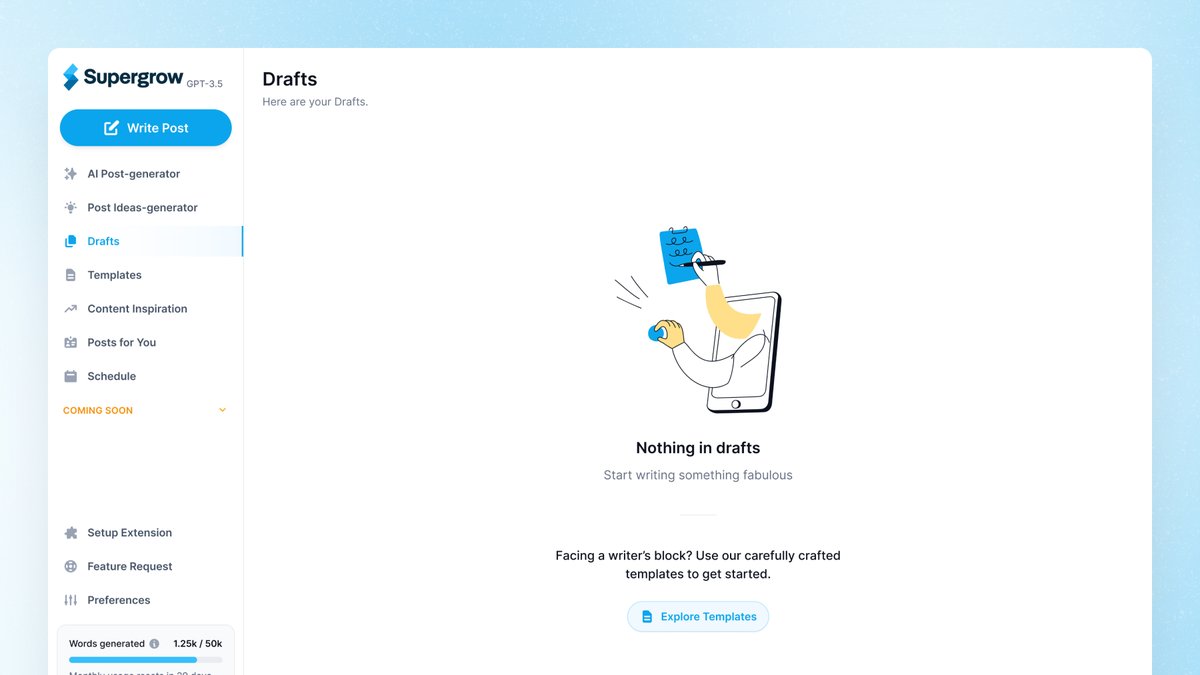 iamsahilvhora's tweet image. Revamp drafts page empty state design.

✦ Guiding users when their draft is empty
✦ Overcome creative blocks by encouraging users to utilize templates for fresh ideas

#uidesign #uxdesign #emptystate