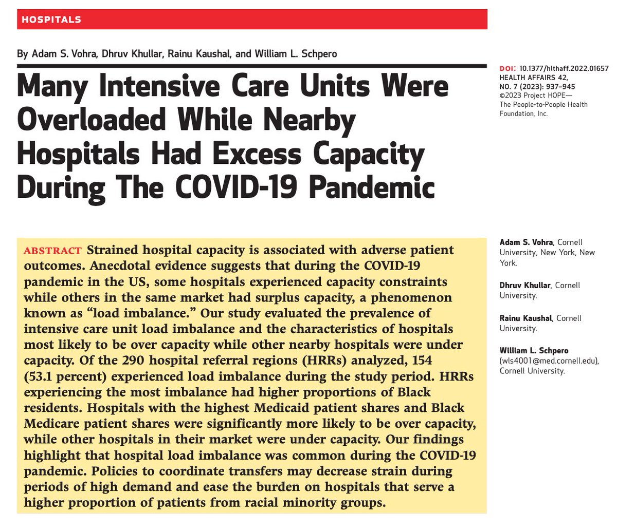 Adam Gaffney (@awgaffney) on Twitter photo Important new study from <a href="/adamvohra/">Adam Vohra</a> and colleagues finds that "load imbalance" — i.e. ICU's in some hospitals being overloaded even when nearby hospitals had available ICU capacity — was common during the COVID-19 pandemic.
Previous literature/reporting highlighted... Important new study from <a href="/adamvohra/">Adam Vohra</a> and colleagues finds that "load imbalance" — i.e. ICU's in some hospitals being overloaded even when nearby hospitals had available ICU capacity — was common during the COVID-19 pandemic.
Previous literature/reporting highlighted...