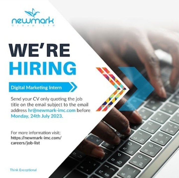 NEWMARKWORLD's tweet photo. We are Hiring!
We are looking for a dedicated Digital Marketing Intern to join our team. Send your cover letter and CV to hr@newmark-imc.com before 24th July 2023.
For more details visit β‘οΈ https://t.co/n57sfOY3Xu
#IkoKaziKE #JobSeekersKE https://t.co/oJ2gfQM5sy