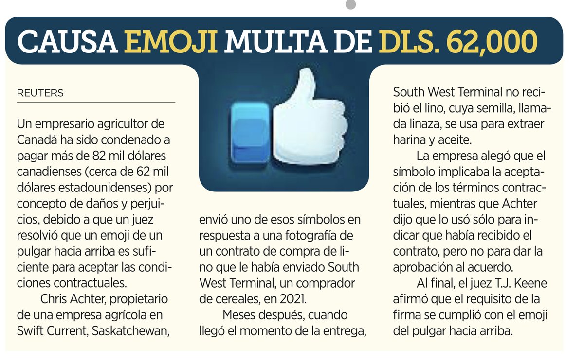 JoseMarioMX's tweet photo. Juez  determina  que  el  uso  de  este emoji  👍 implica  la  firma  y  la  aceptación  de  las  obligaciones  de  un  contrato. https://t.co/pw49eXfklZ