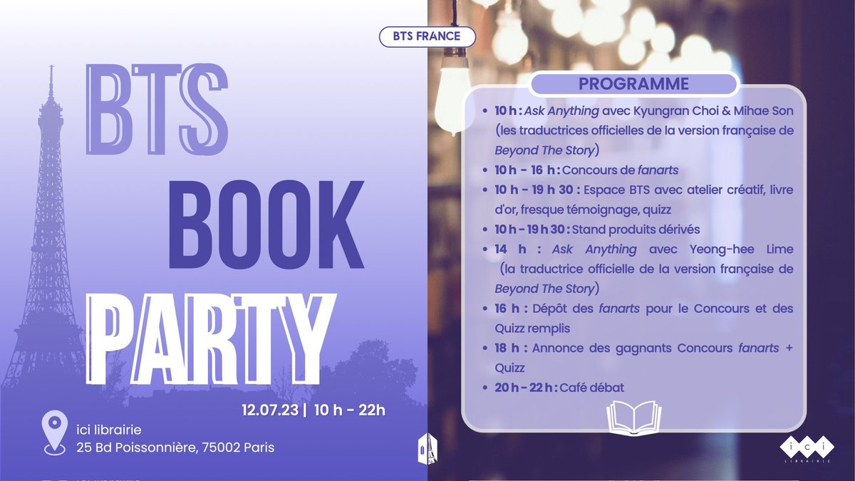PROJET | Annonce • BTS FRANCE

📚 J-2 BTS BOOK PARTY

🗓️ 12/07
📍 @Icigrandsblv

▶️ Goodies
▶️ Rencontres avec les traductrices du livre 'BEYOND THE STORY'
▶️ Café-débat avec places LIMITÉES

Inscriptions au café-débat :
🔗helloasso.com/associations/b…

#BTS <a href="/BTS_twt/">방탄소년단</a>