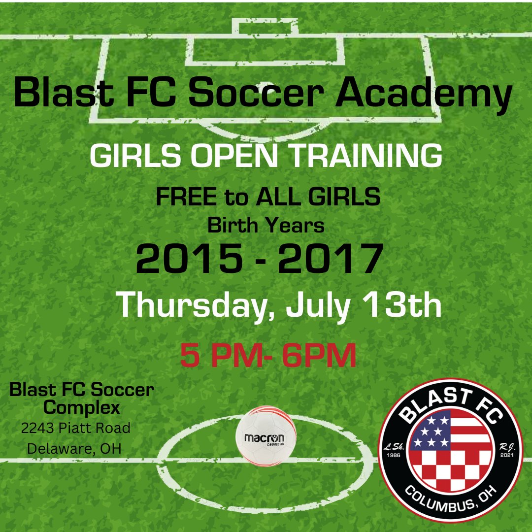 BlastFC86's tweet photo. Happening this week!!

ALL GIRLS 2015-2017 players come join us for a FREE OPEN TRAINING --- Thursday, July 13 @ 5PM

Will be held at the Blast FC Soccer Complex https://t.co/cGGgkyESQW