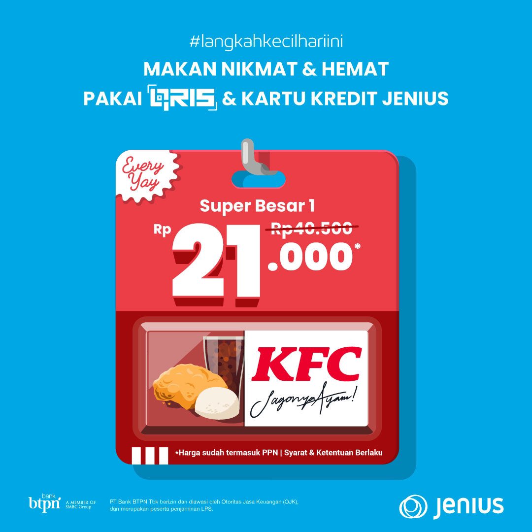 Pakai <a href="/JeniusConnect/">Jenius Connect</a> makan KFC Super Besar 1 cuma Rp21.000 doang! 

Bayar dengan scan QRIS dari aplikasi Jenius atau pakai Kartu Kredit Jenius. Buruan cus ke KFC terdekaaattttt #langkahkecilhariini

Info lengkap: jenius.cc/PromoKFC