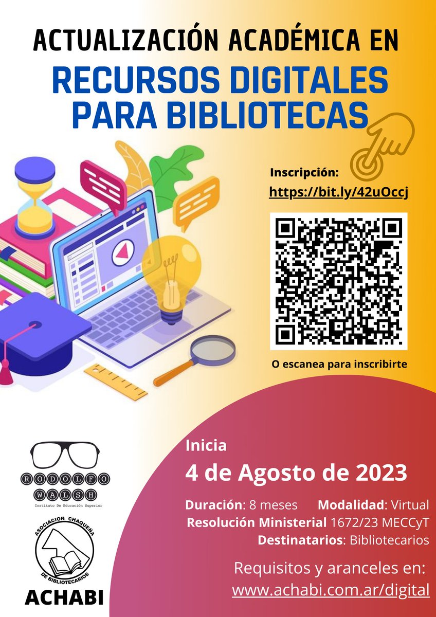 AchabiOk's tweet photo. Abierta la inscripción al postítulo "Actualización Académica en Recursos Digitales para Bibliotecas"
Información, aranceles e inscripción en https://t.co/RcYUvbh9ev
La inscripción se realiza en https://t.co/vxPphPt4Vn
¡Los esperamos! https://t.co/HPeazVVvxP