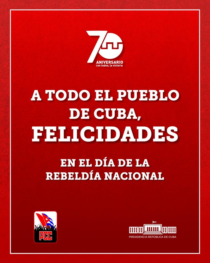 ⁉️ Felicidades a todos los cubanos revolucionarios #Cuba triunfa en medio de dificultades y #Bloqueo sabremos defendernos como lo expresó #Fidel #70Moncada #ConTodosLaVictoria en especial a #SantiagoDeCuba <a href="/DiazCanelB/">Miguel Díaz-Canel Bermúdez</a> <a href="/DrRobertoMOjeda/">Dr. Roberto Morales Ojeda</a> <a href="/PartidoPCC/">Partido Comunista de Cuba</a> <a href="/MMarreroCruz/">Manuel Marrero Cruz</a> <a href="/SalvadorValdesM/">SalvadorVM</a>