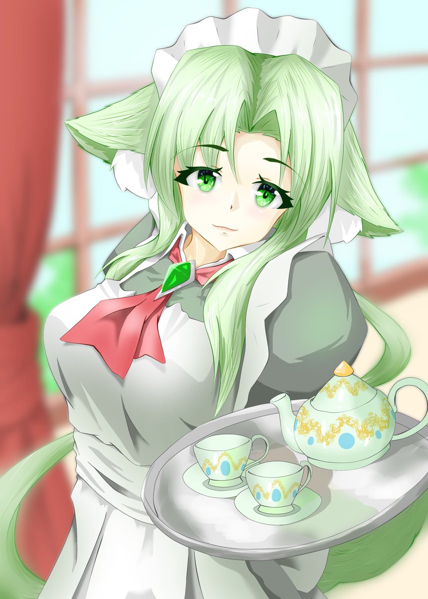 1girl green eyes green hair animal ears maid tray solo  illustration images
