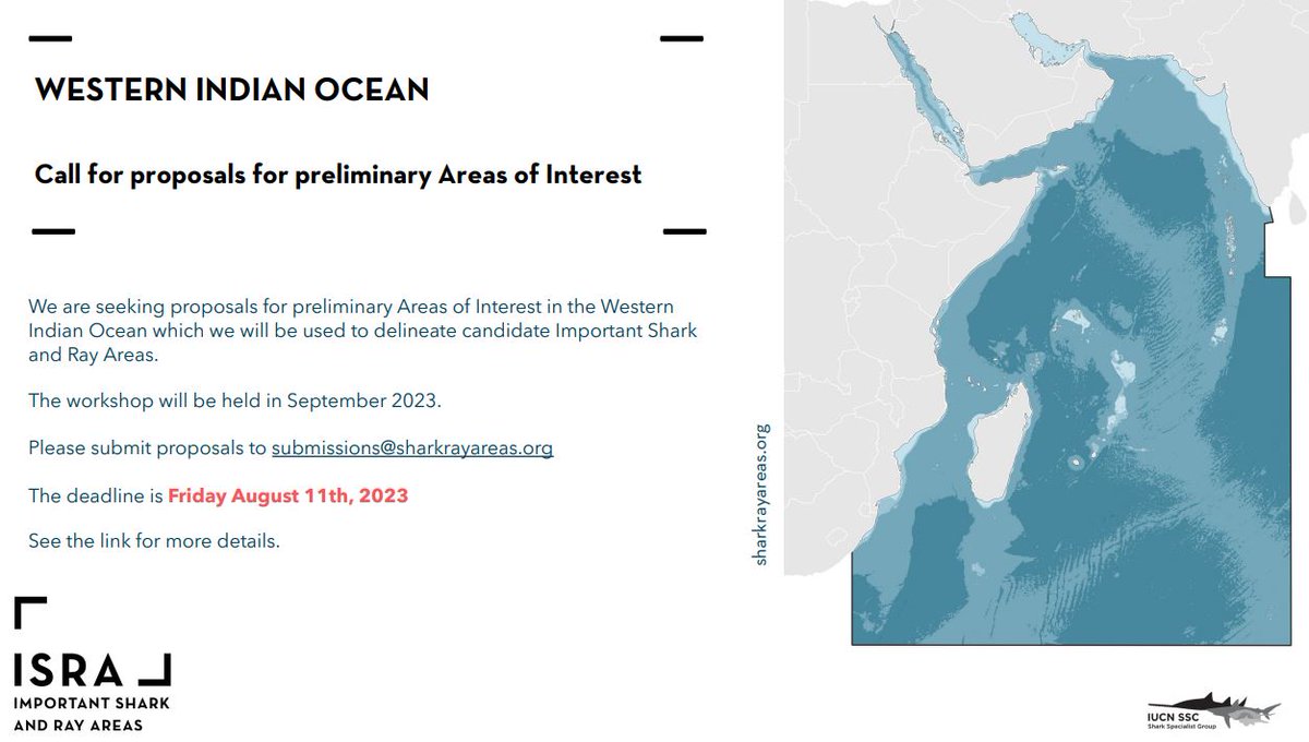 The next area of focus for the Important Shark and Ray Areas Project is the Western Indian Ocean! Please submit preliminary areas of interest by August 11.

More information here: drive.google.com/drive/folders/… 

Please share with interested colleagues!