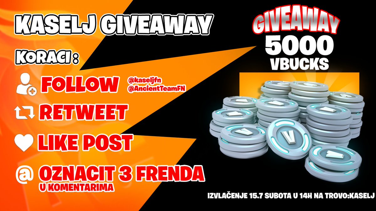 Napravite sve KASELJ GIVEAWAY 5000 V BUCKS-A🥳🎁
Napravite sve korake i osvojite 5000 v bucksa🤩
Snimite mi kako kupujete sa sac KASELJ kako bi imali više šanse🎁🥳
SRETNO SVIMA🎁❤️
<a href="/AncientTeamFN/">AncientTeam</a> ♥️