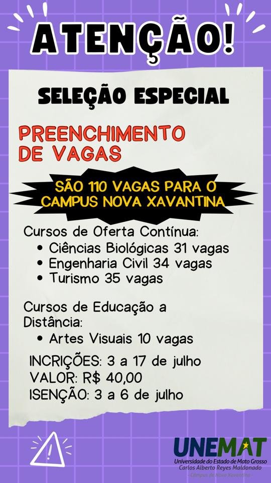 storimasta's tweet photo. Olá, pessoal.
Estamos com 110, na #Unemat, campus de #NovaXavantina. Inscrições até o dia 17/07, matrícula direta, sem processo seletivo.
Cursos: Ciências Biológicas (noturno), Engenharia Civil (integral), Turismo (noturno) e Artes Visuais (EaD).
Ajude com a divulgação! https://t.co/HMQKjwKJeJ