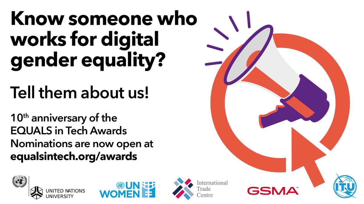 10 years of celebrating hard work &amp; unprecedented achievements in narrowing the digital gender gap...
I am excited to announce the launch of the nominations for the 10th Anniversary  #EQUALSinTech Awards!
equalsintech.org/awards <a href="/equals/">EQUALS Global Partnership Digital #GenderEquality</a>