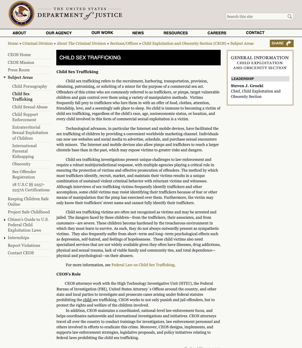 nataliegwinters's tweet image. 🚨🚨🚨

The DOJ's "Child Sex Trafficking" webpage removed 3 sections – “International Sex Trafficking of Minors,” “Domestic Sex Trafficking of Minors,” and “Child Victims of Prostitution" – from its areas of concern.