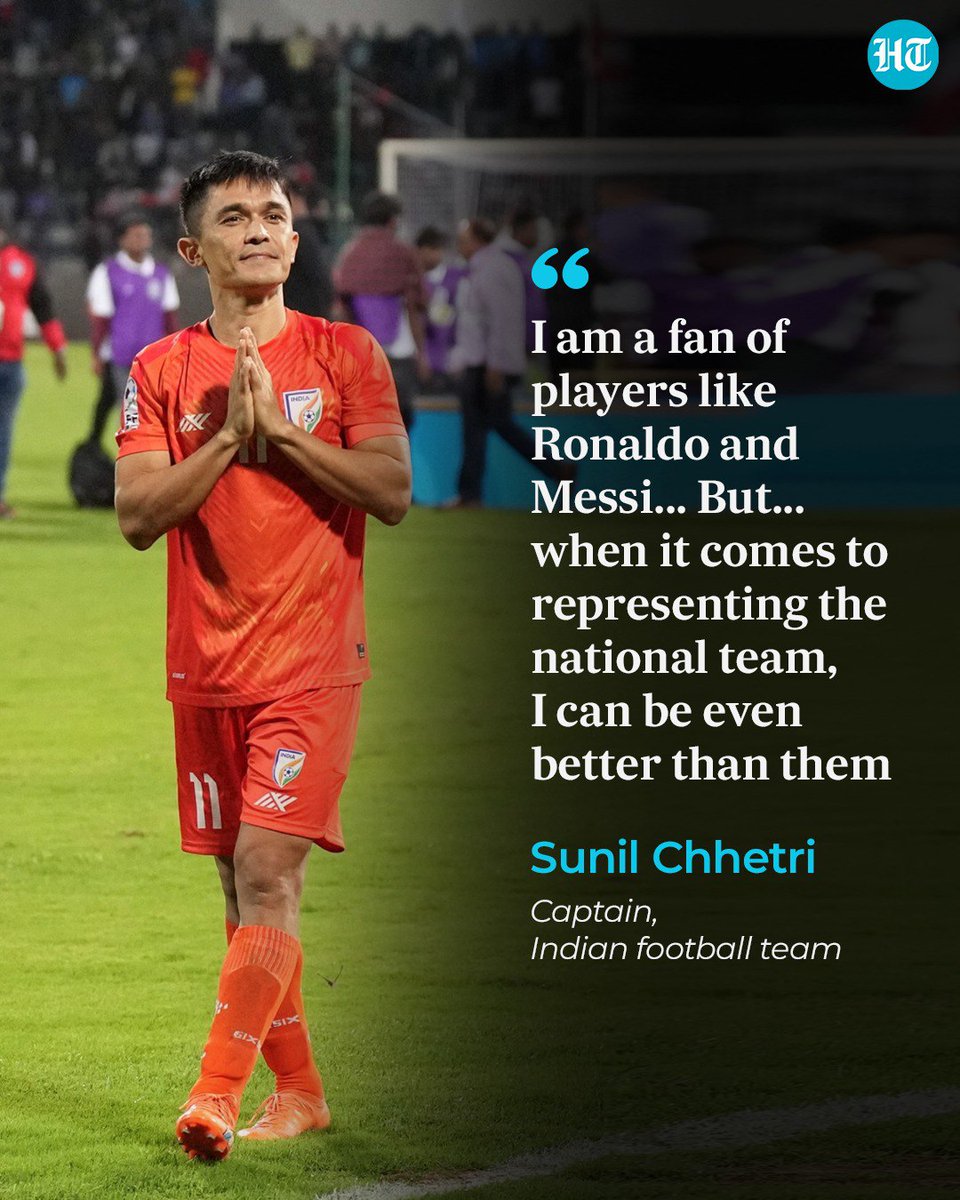 htTweets's tweet photo. #SunilChhetri acknowledges support after winning three trophies, aims for Asian Cup and believes he can outshine #Messi and #Ronaldo for the national team. 

Details: https://t.co/ercZlx3V66 https://t.co/OOAjFjixrD