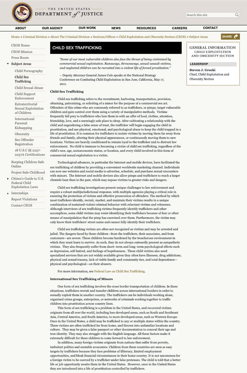 nataliegwinters's tweet image. 🚨🚨🚨

The DOJ's "Child Sex Trafficking" webpage removed 3 sections – “International Sex Trafficking of Minors,” “Domestic Sex Trafficking of Minors,” and “Child Victims of Prostitution" – from its areas of concern.