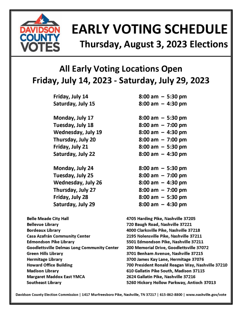 Early Voting begins THIS FRIDAY, JULY 14! Go to any site that’s convenient for you. You’ll have 3 Saturdays, 4 late nights, and 12 locations to choose from – all over the county. Put it on your calendar. #BeAVoter #VoteEarly #Nashville