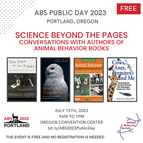 AnimBehSociety's tweet image. Come join Dr Alexandra Horowitz (@DogUmwelt) for an exciting free plenary talk ‘The year of the puppy’ at #abspublicday2023. July 15, 9am, Oregon Convention Center. Visit bit.ly/ABS2023PublicD…
#appliedethology #ethology #animalbehavior #animalwelfare #animalcognition #abs2023