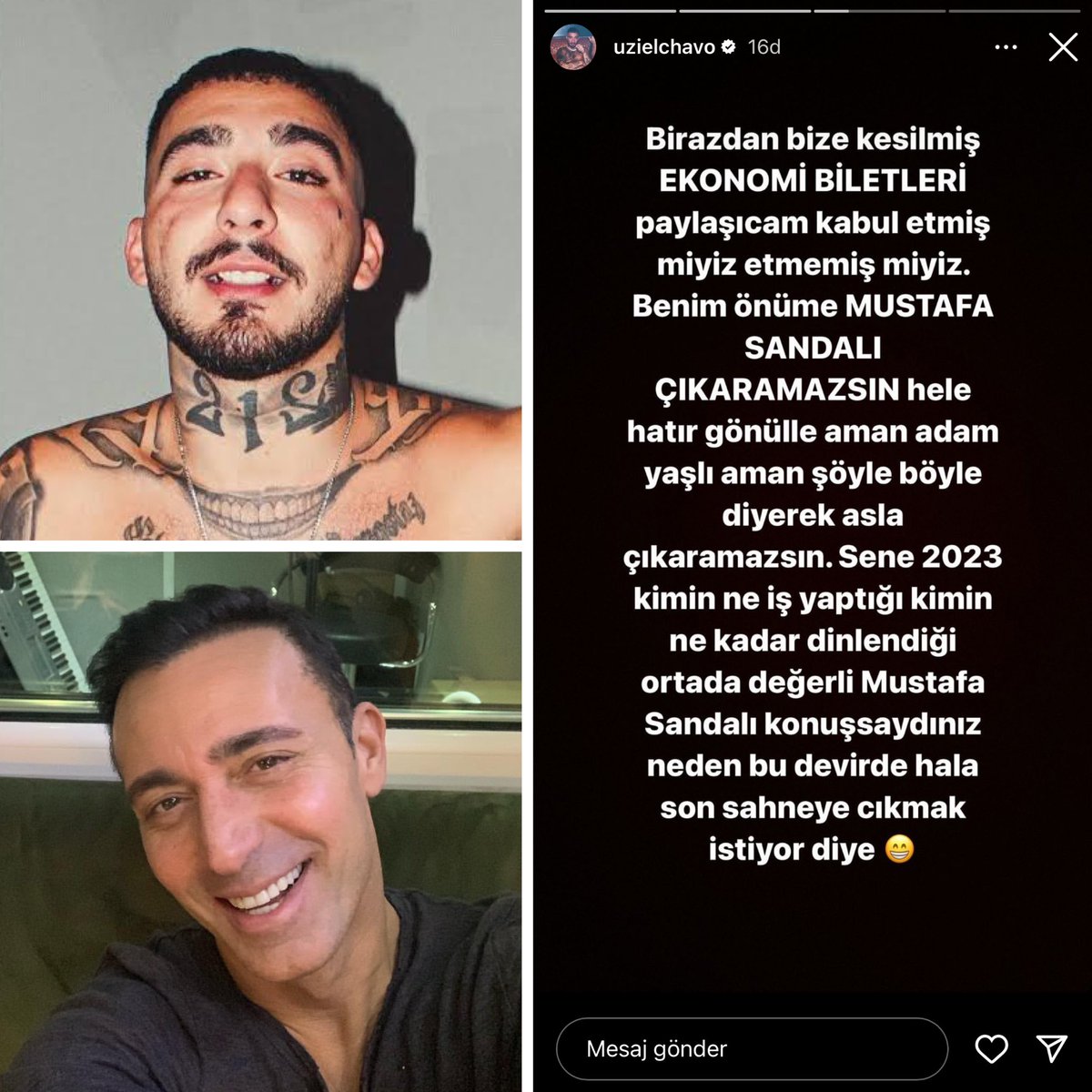 kadrajmag's tweet photo. Uzi, bir festivalde Mustafa Sandal’dan önce sahne alma teklifine tepki gösterdi: “Benim önüme Mustafa Sandal’ı çıkaramazsın. Hele hatır gönülle aman adam yaşlı vs diyerek asla çıkaramazsın. Sene 2023 kimin ne iş yaptığı, kimin ne kadar dinlendiği ortada.” https://t.co/6ZSISepPGQ