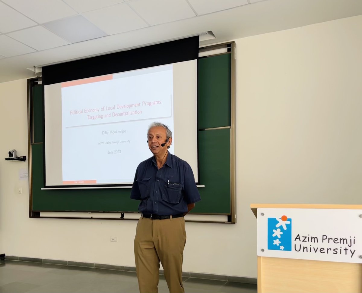 AGWeconomics's tweet photo. Day 6 witnesses Dilip Mookherjee's presentation on the
'Political Economy of Local Development Programmes: Targeting and Decentralization' which looks at measuring and resolving the political distortions of welfare programs manifested in targeting &amp; implementation.

🧵
{1/12} https://t.co/Xy3z6786pG