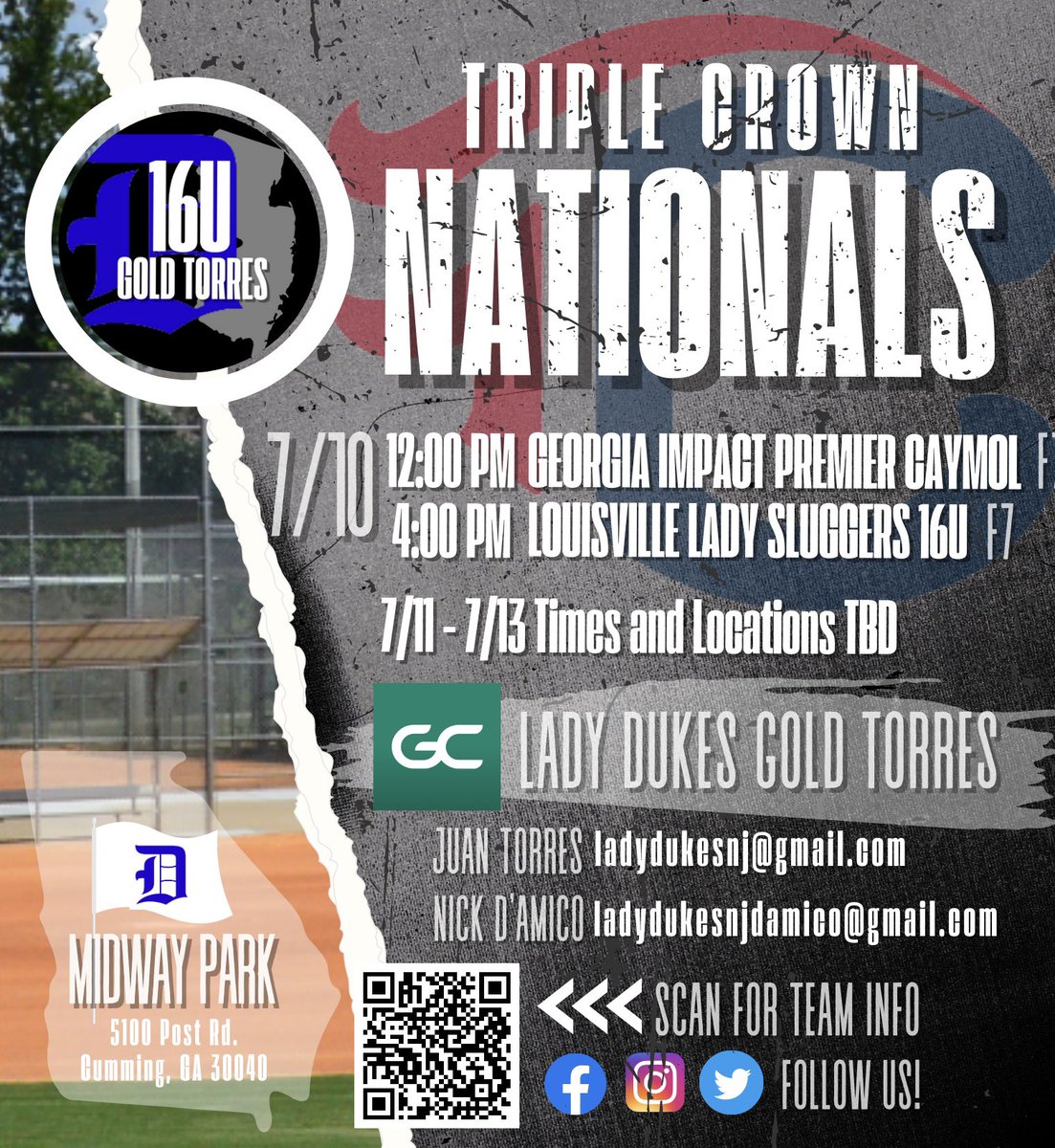 🌧️ UPDATE‼️
🥎TC Nationals - Alpharetta, GA

⏱️Games delayed by 2 hours.

START TIMES:
2:00 PM
6:00 PM