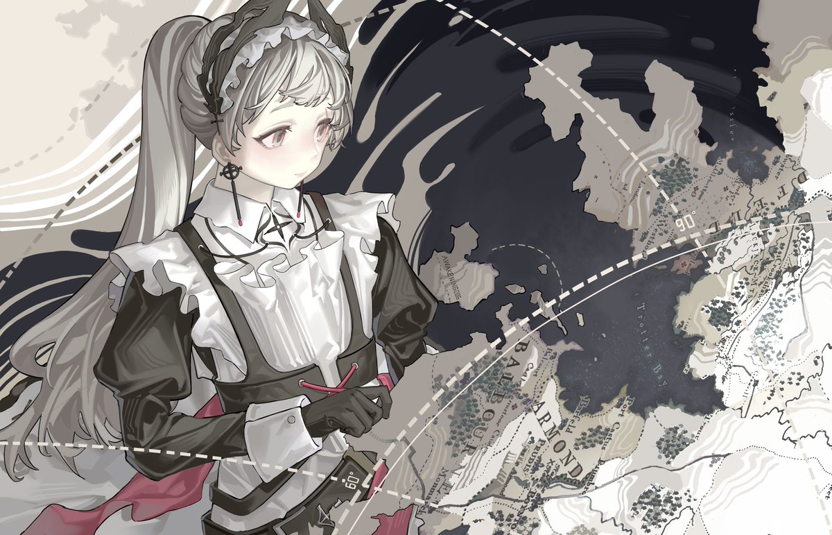 irene (arknights) 1girl solo gloves black gloves grey hair long sleeves long hair  illustration images