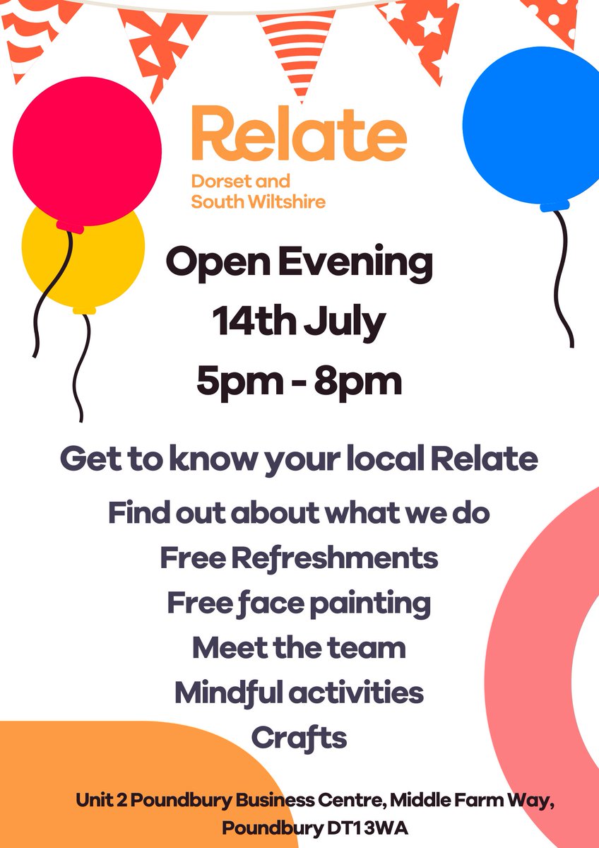 Don't forget our opening evening here at Relate Dorset &amp; South Wiltshire is THIS FRIDAY at 5pm. Come along to find out more about what we do at Relate and enjoy our free refreshments and activities. Everyone welcome!