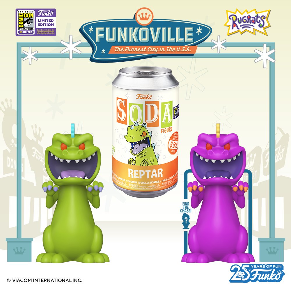 Funko's tweet photo. Reptar is on the loose! Enjoy this prehistoric delight as a Funko SODA Reptar. Complete your Rugrats collection with the SDCC 2023 exclusive. #SDCC2023 #conventionexclusive #Funkoville2023  @Nickelodeon https://t.co/e3KV57Da2V