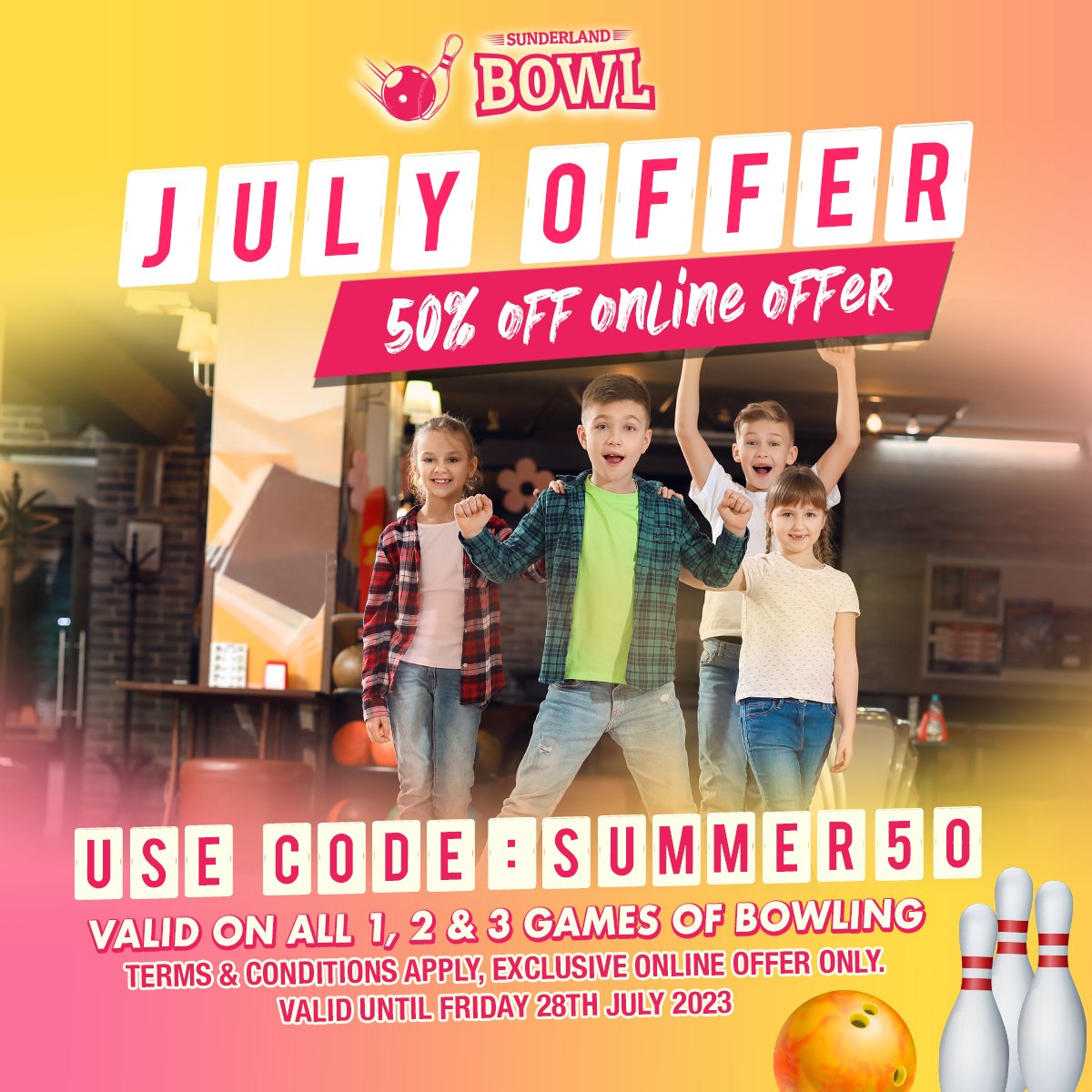 July Exclusive Online Offer - Available till Friday 28th July 2023 ✨

Enjoy our fantastic 50% off 1, 2 & 3 games of bowling 🌞
Use Code: SUMMER50 at checkout 🛒

To book your bowl please visit:
sunderlandbowl.co.uk 📲

#SunderlandBowl #Sunderland #Bowl #OnlineExclusive