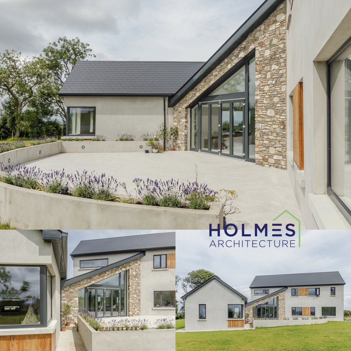 Our recently completed Co Limerick house overlooking the Shannon Estuary is wrapped around a south-facing patio, capturing the warmth of the sun for energy-efficient design #housedesign #architecture #irishhomes #familyhome #stonecladding #patio