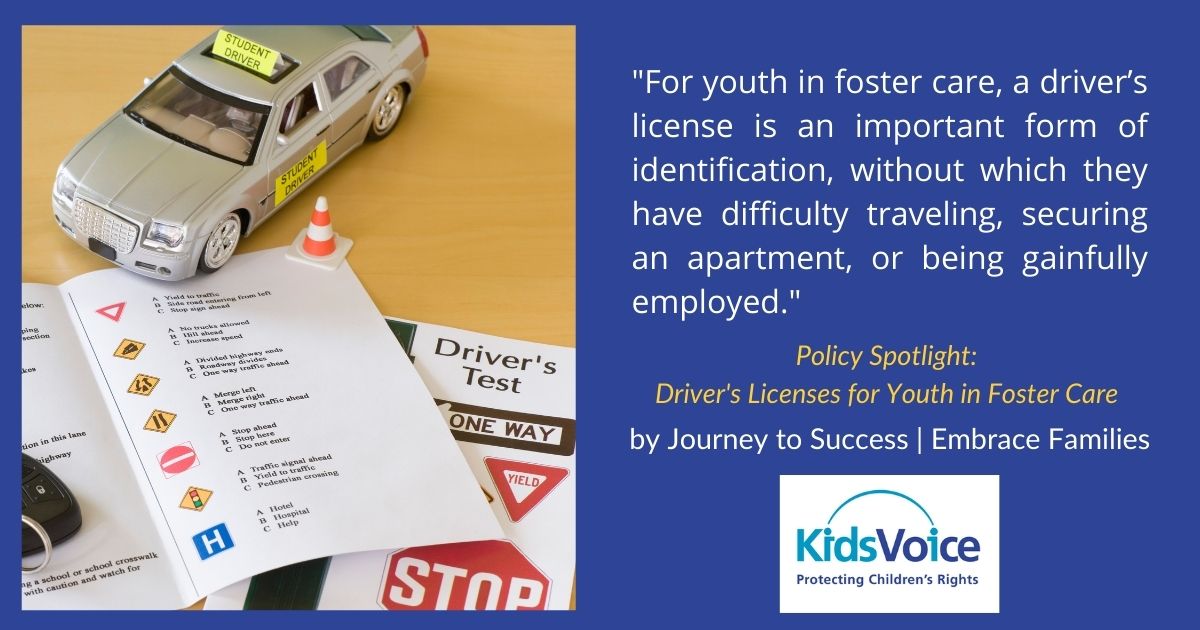 Data shows that foster youth have better outcomes when they have a #drivers license, but many face barriers: missing birth certificates, high #insurance rates, a lack of reliable adults to teach them, etc. Policy changes could help, says @journeycampaign: tinyurl.com/2p8zwk4u