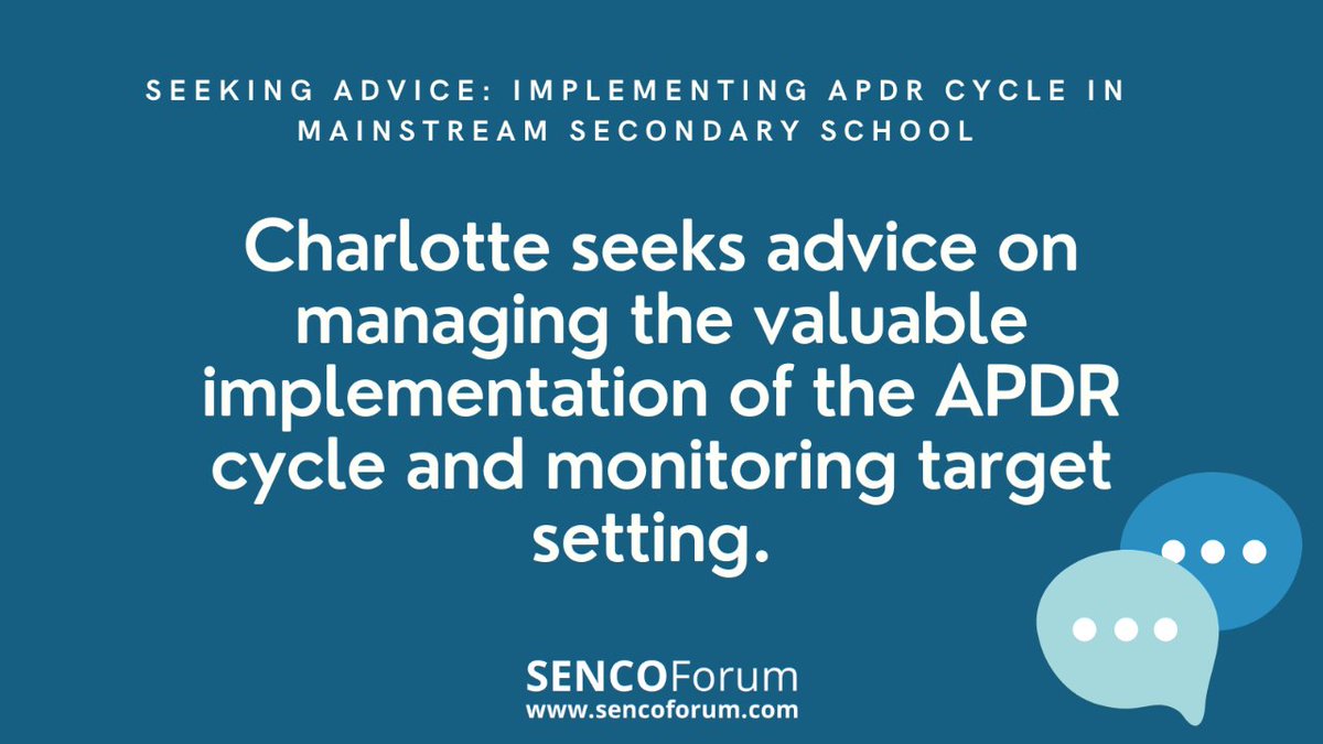 📣 Seeking Advice: Implementing APDR Cycle in a Mainstream Secondary School 

Charlotte asked, “How do people manage the APDR cycle to ensure it is valuable? Has anyone found a way to monitor the target setting?"
sencoforum.com/forums/topic/a…