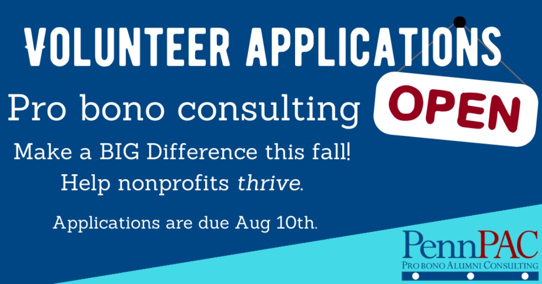 PennPAC is now recruiting alumni volunteers for fall 2023 consulting projects in New York City. There are also virtual projects for volunteers who are located anywhere in the U.S.!

Applications are due August 10th. Link to apply: pennpac.org/volunteers/con…