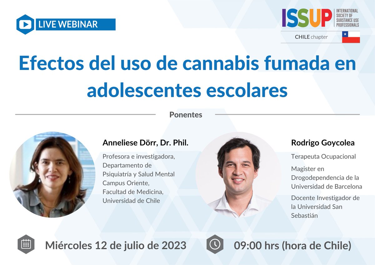 issupnet's tweet photo. ISSUP Chile le invita a asistir a su Webinar sobre 'Efectos del uso de #cannabis #fumada en #adolescentes escolares'. Dos presentaciones sobre los efectos del uso fumada de cannabis en adolescentes.
⏰12 de julio | 09:00 hrs (Chile)
Inscríbase: https://t.co/21e6yR2aLf https://t.co/aXw8kiFQsn