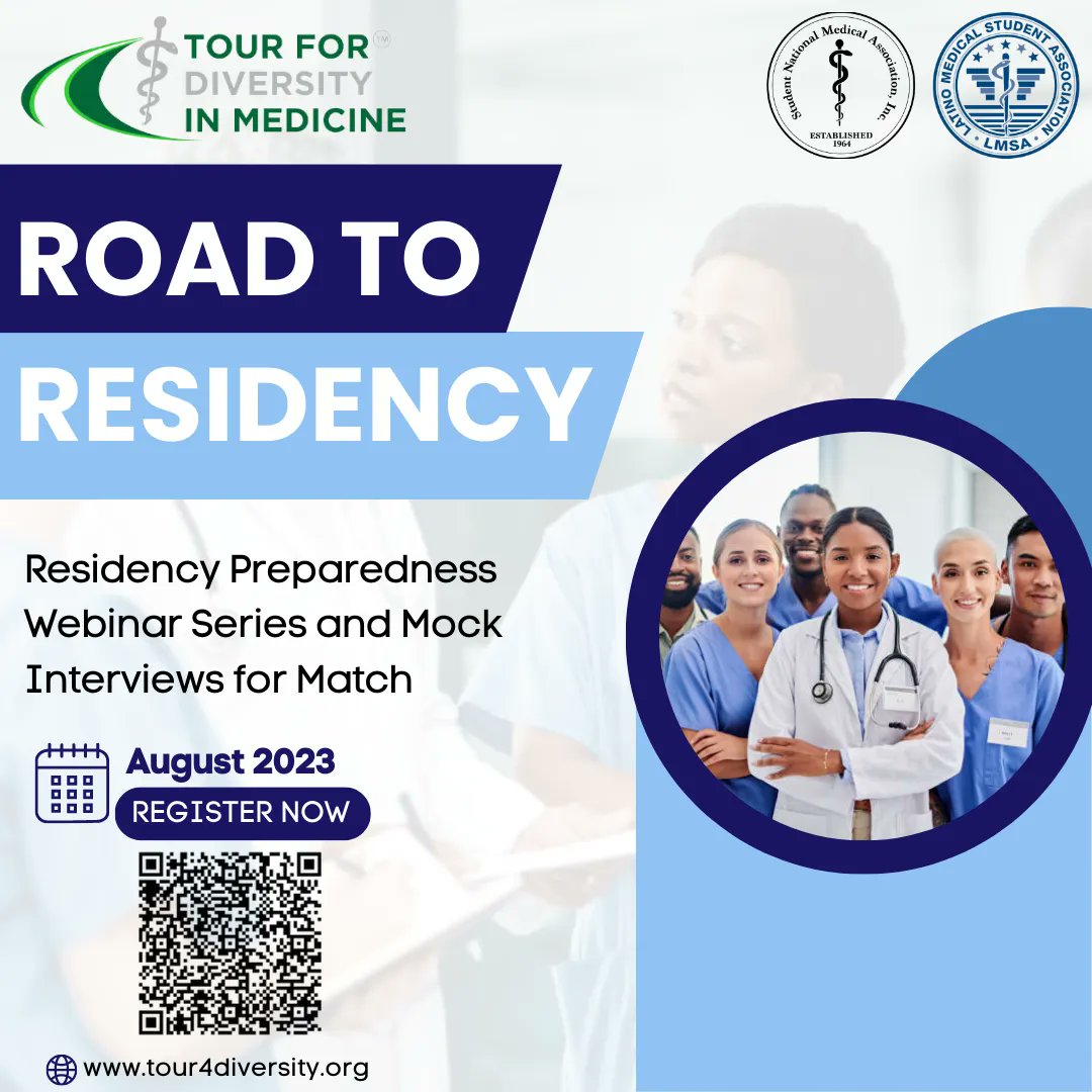 Tour4Diversity's tweet photo. Are you applying for Match 2024? Don’t miss out on this opportunity to have a mock interview with faculty/fellows in your specialty of choice and participate in webinars to prepare you for the upcoming match season. Curated by @tour4diversity, SNMA, and LMSA. https://t.co/qm9OrSJT50