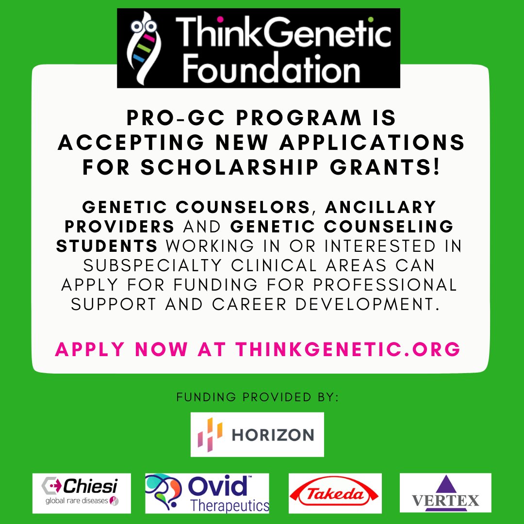 Looking for funding to attend meetings this Fall? Pro-GC scholarship applications are still open. Apply now at thinkgenetic.org!
#GeneChat #GeneticCounselors #metabolicdietician #horizontherapeutics #chiesiusa #takedapharmaceutical #vertexpharmaceuticals #ovidtherapeutics