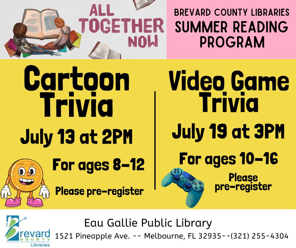 BrevLibraries's tweet image. Test your knowledge with two different trivia programs at Eau Gallie Library! Cartoon Trivia is on July 13 at 2pm for ages 8-12 and Video Game Trivia is on July 19 at 3pm for ages 10-16. #BrevardLibraries #SpaceCoastKids #CSLPreads #SummerReadingProgram #EauGallie  #SRP2023