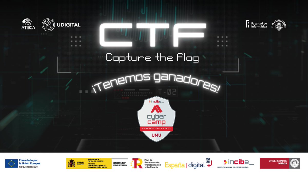 🎉 ¡Tenemos ganadores del #CTF #CyberCampUMU!
🏆 El equipo "John Keys" formado por Sergio Pérez y Raúl Martin, de la <a href="/urjc/">URJC</a>, ha resultado ganador de esta I Edición ¡Enhorabuena! 
Descubre cómo ha quedado el ranking 👀: lnkd.in/dJh7weRx

#CTFUMU #nextgenerationeu