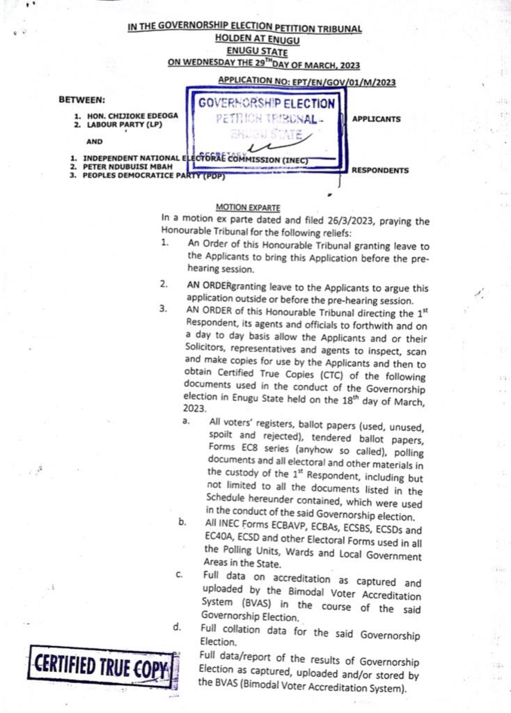 ejykmykel1's tweet photo. The Enugu INEC Rec, Dr Chukwuemeka Chukwu is bent on frustrating LP & Hon. Chijioke Edeoga at the Tribunal, by refusing the inspection of BVAS despite numerous court orders.
INEC chairman Prof. Mmamud has directed him to allow the inspection but he refused. https://t.co/25jkwoLtgq
