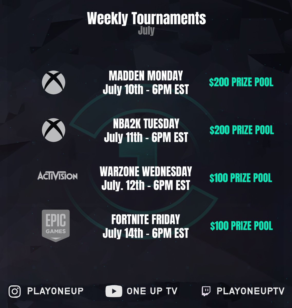 Join now for this week's hottest E-Sports Tournaments on Play One Up! #NBA2K #Madden23 #ItPaysToPlay

Sign-up here ➡️ playoneup.com