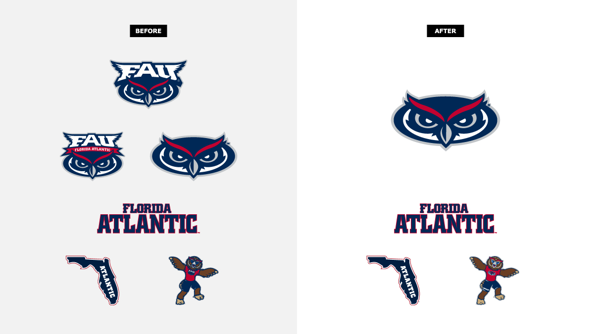 Last month, Florida Atlantic Owls reshuffled their athletics identity and  eliminated anything with 'FAU'. The owl head-only is now the Primary.  Wordmark \u0026 state logo are the same, mascot has been updated. #, image size:1200x675